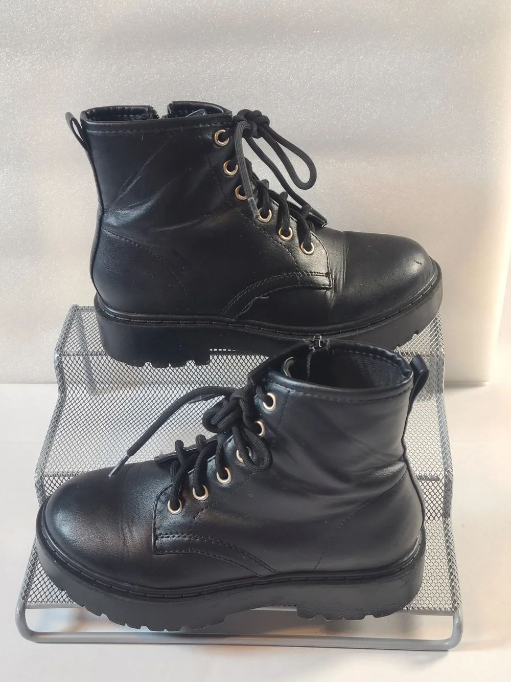 Kids Black Lace-Up Ankle Boots with Side Zipper